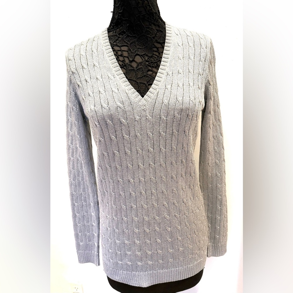 NWOT Black Label Ralph Lauren Metallic Light Gray V-Neck cable knit Sweater